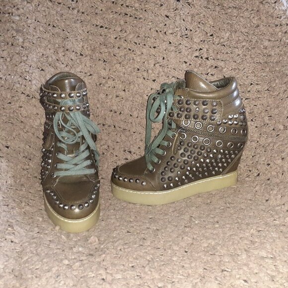 Ash Shoes - ASH-Blondie Studded HiddenWedge Sneaker-Dark Green Leather-Skulls-Sz37-Excellent